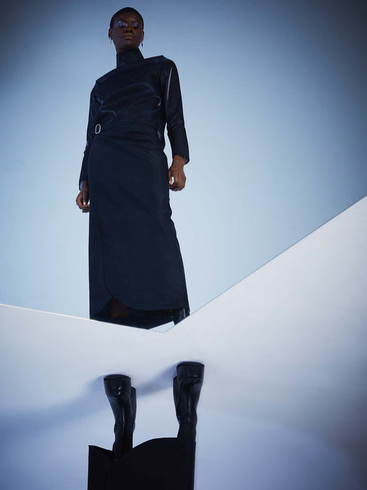 Blue Nude ~ Slow Fashion Brand - Black Mirror Sheer Mock Neck Top & Li Utilitarian Wrap Skirt