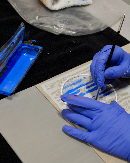 Blue Nude ~ Slow Fashion Brand - Susan Protsack Working on Artwork for the Cabane Hand-Painted Miniskirt