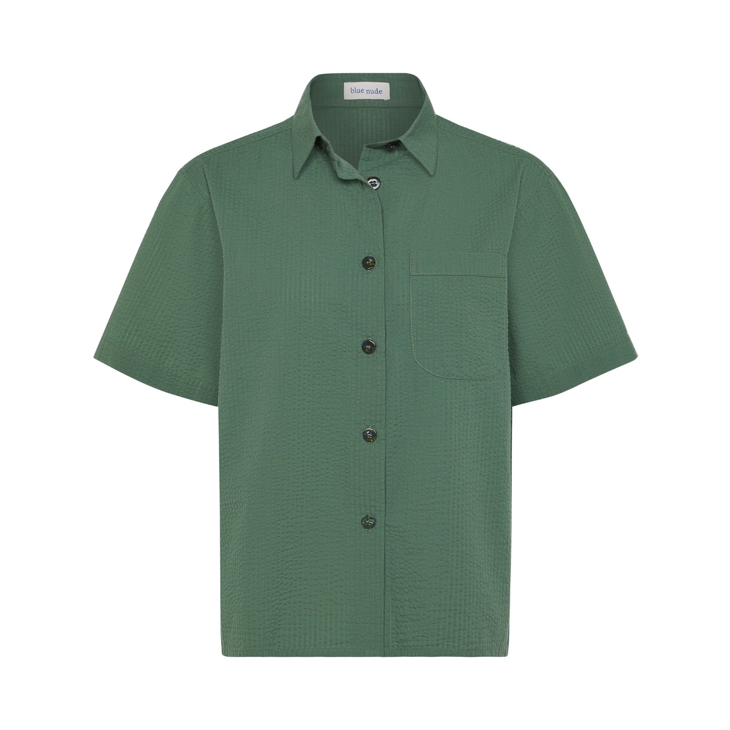 Blue Nude ~ Slow Fashion Brand - Plage Button-Up Cotton Seersucker Shirt in Oyat Green