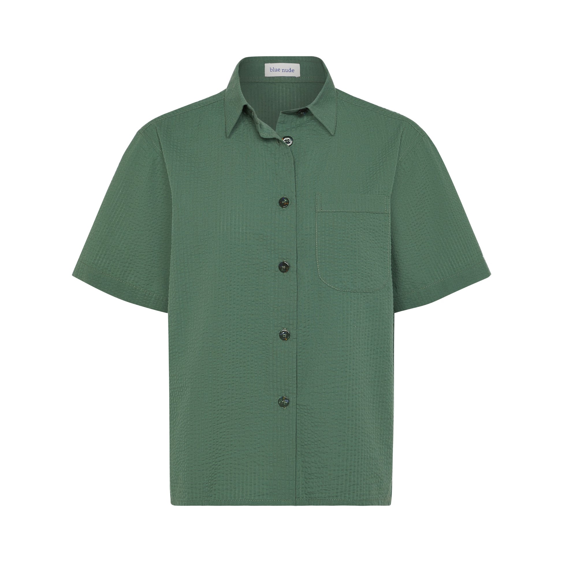 Blue Nude ~ Slow Fashion Brand - Plage Button-Up Cotton Seersucker Shirt in Oyat Green