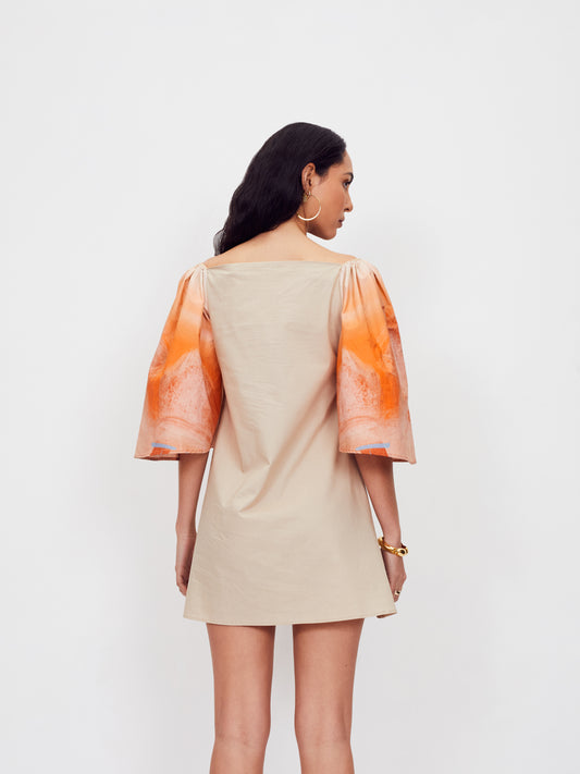 Blue Nude ~ slow fashion brand - Ocotillo cotton poplin mini dress featuring digitally printed art by MET