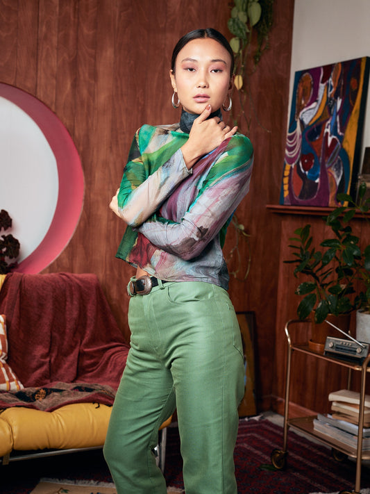 Blue Nude ~ Slow Fashion Brand - Pokhara Sheer Mock Neck Top & Mustang Organic Straight Leg Jeans in Mint Tea