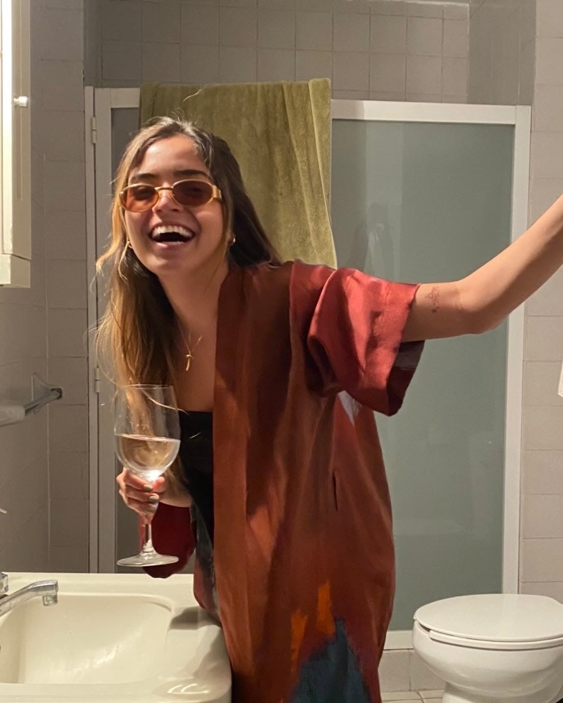 Blue Nude ~ Slow Fashion Brand - Nicole Pompa in the Sal Silk Kimono