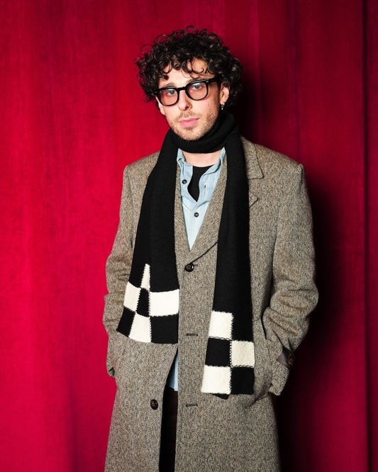 Blue Nude ~ Slow Fashion Brand - Eddie Wales (Photographer & Stylist) in the Mosaic Merino Wool Scarf in Black Chequer