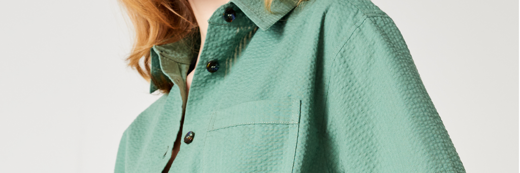 Blue Nude ~ Slow Fashion Brand - Plage Seersucker Organic Cotton Button-Up in Oyat Green