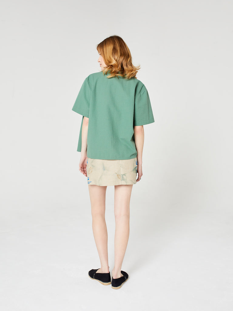 Blue Nude ~ Slow Fashion Brand - Plage Button-Up Cotton Seersucker Shirt in Oyat Green