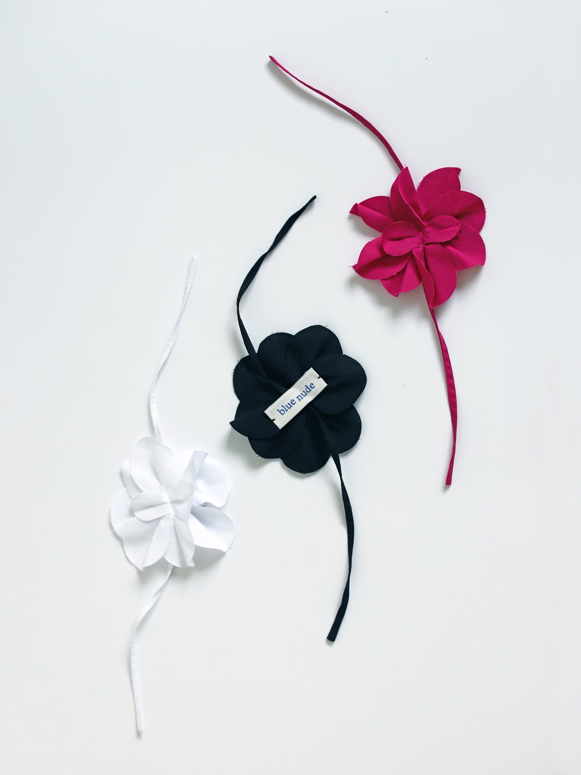 Blue Nude ~ Slow Fashion Brand - Camellia Flower Tie Brooch in Noir Black, White, and Magenta