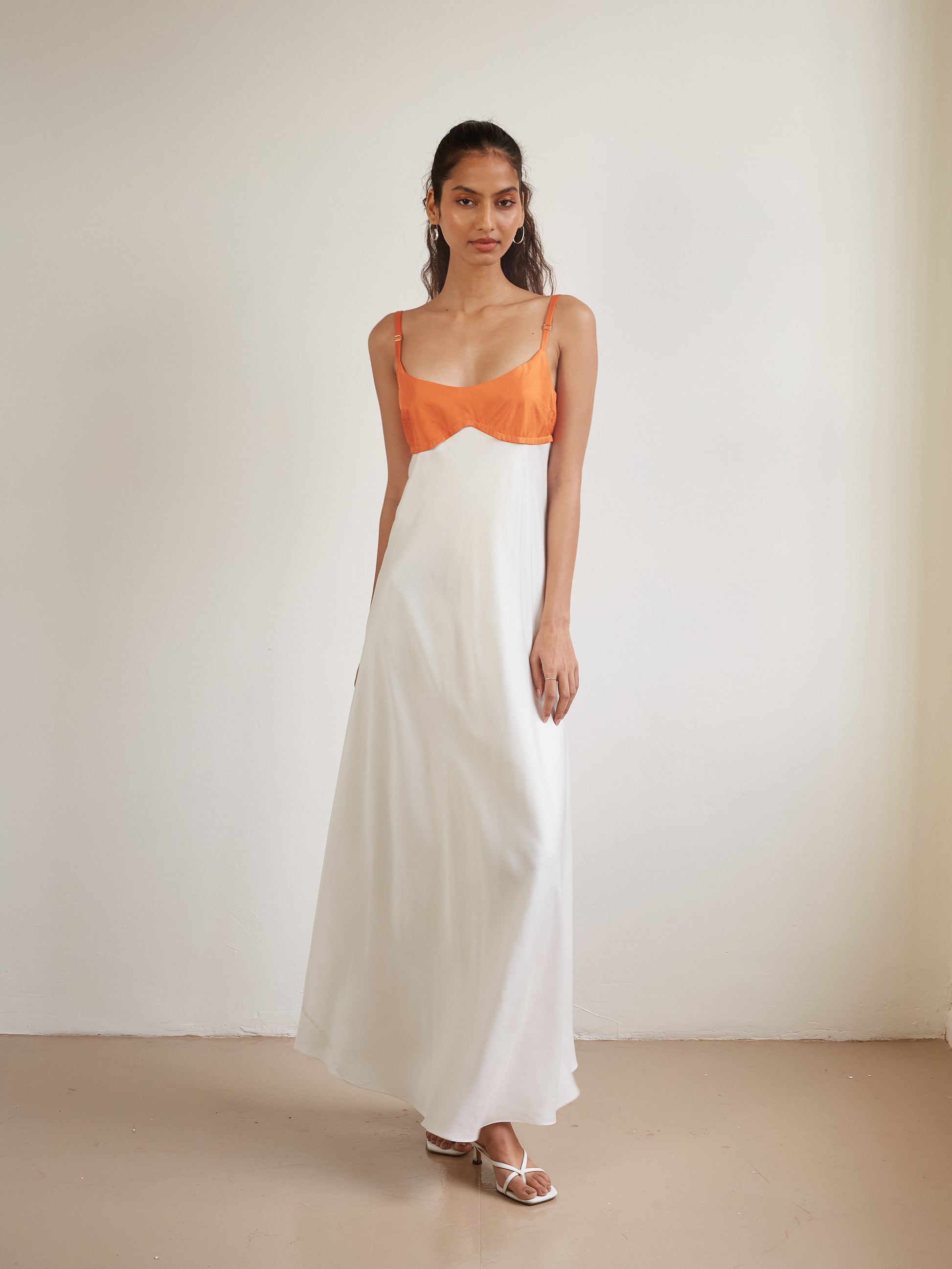 Blue Nude ~ Slow Fashion Brand - Persephone Bodice Maxi Dress in Tangerine/Off-White