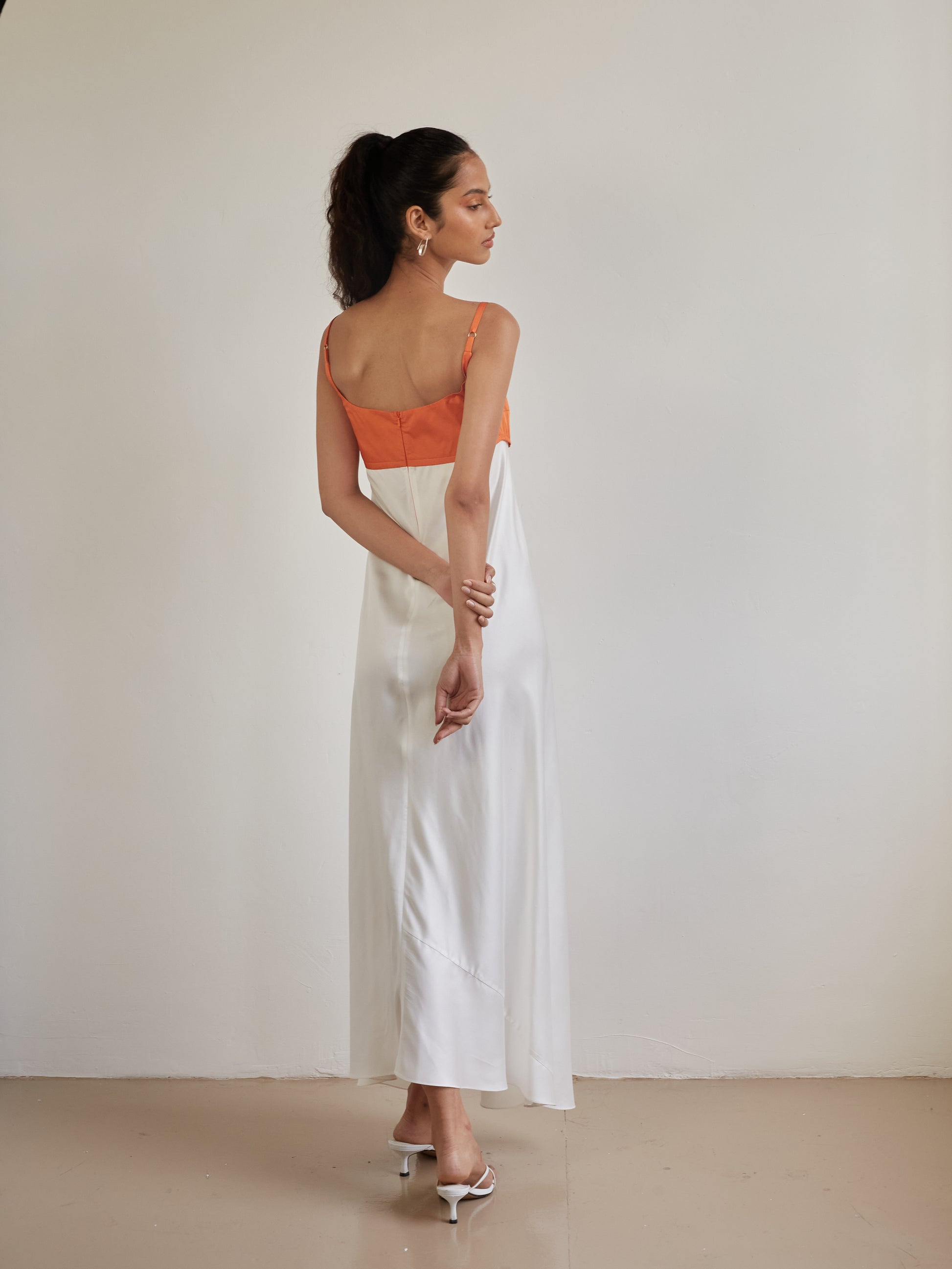 Blue Nude ~ Slow Fashion Brand - Persephone Bodice Maxi Dress in Tangerine/Off-White
