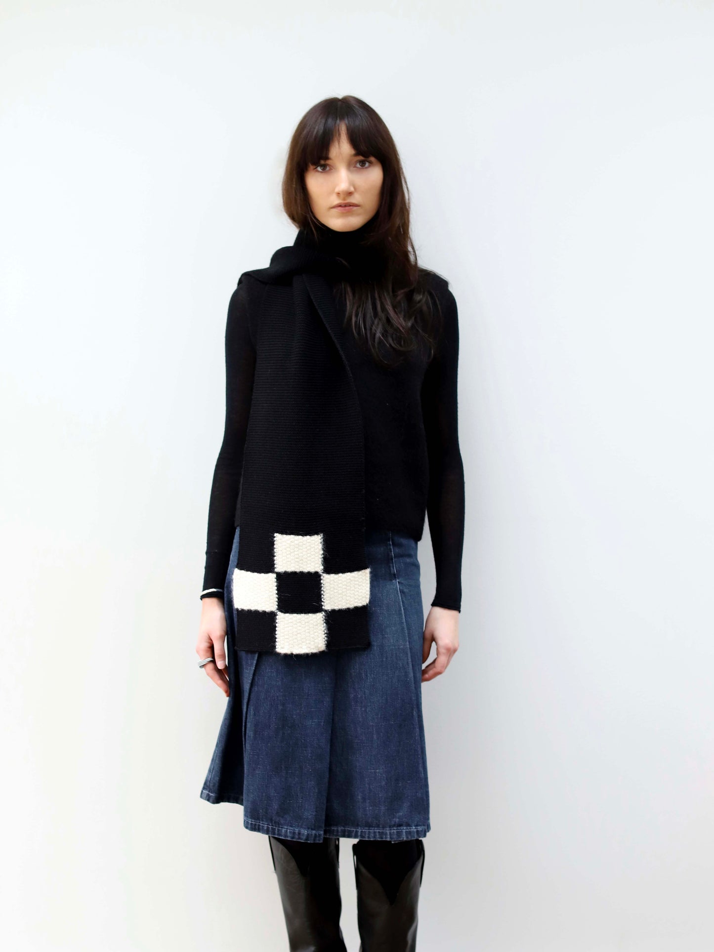 Blue Nude ~ Slow Fashion Brand - Mosaic Merino Wool & Alpaca Scarf in Black Chequer