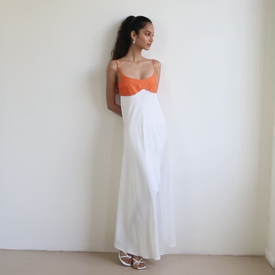 Blue Nude ~ Slow Fashion Brand - Persephone Bodice Maxi Dress in Tangerine/Off-White
