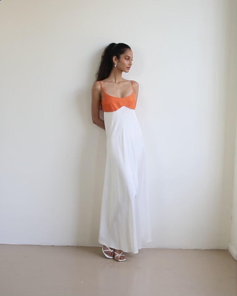 Blue Nude ~ Slow Fashion Brand - Persephone Bodice Maxi Dress in Tangerine/Off-White
