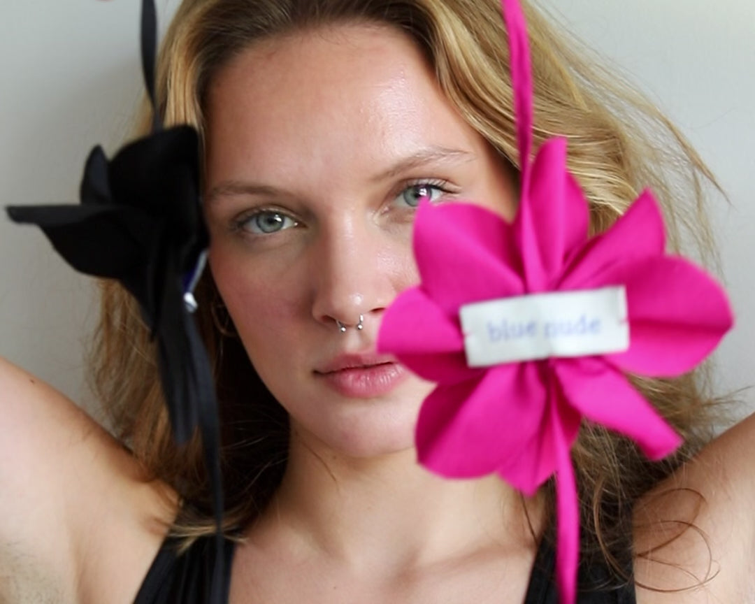 Load video: Blue Nude ~ Slow Fashion Brand - Camellia Floral Tie Brooches in Noir and Magenta