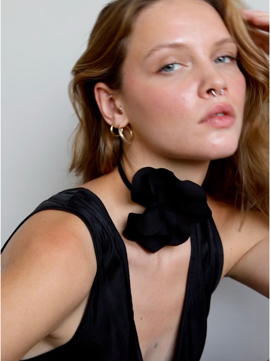 Blue Nude ~ Slow Fashion Brand - Camellia Flower Tie Brooch in Noir Black