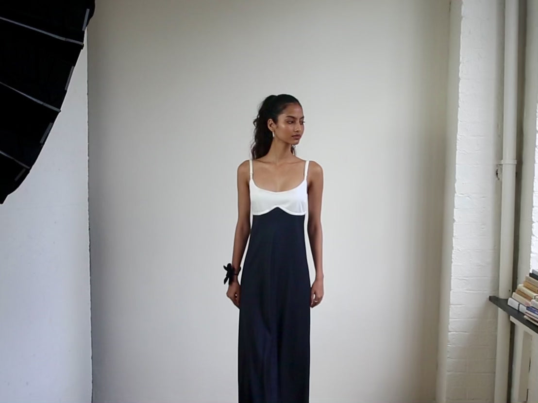 Load video: Blue Nude ~ Slow Fashion Brand - Persephone Bodice Maxi Dress in Noir/Blanc